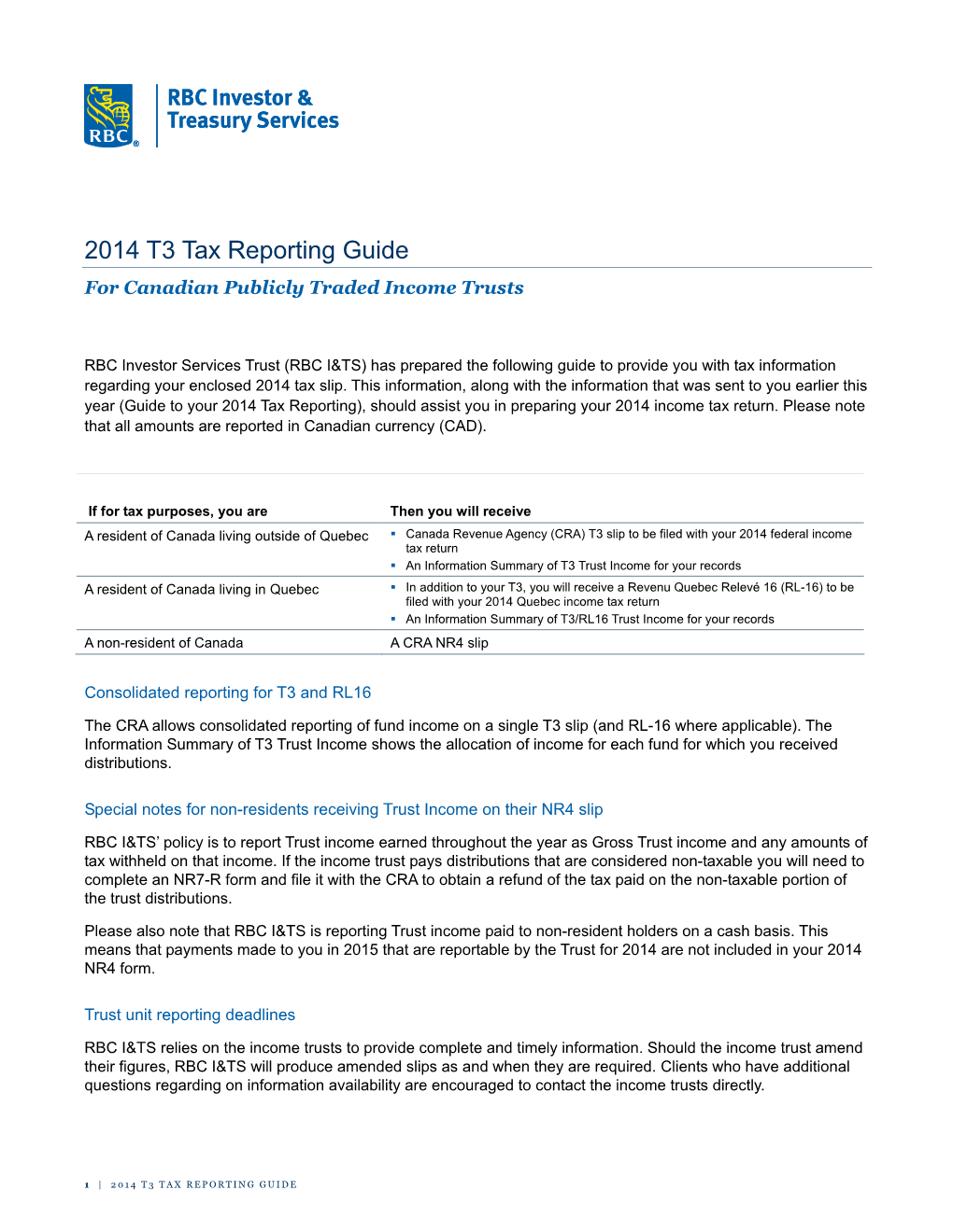2014 T3 Tax Reporting Guide for Canadian Publicly Traded Income Trusts