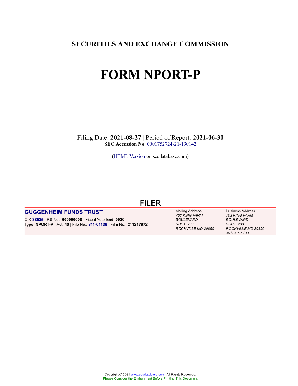 GUGGENHEIM FUNDS TRUST Form NPORT-P Filed 2021-08-27