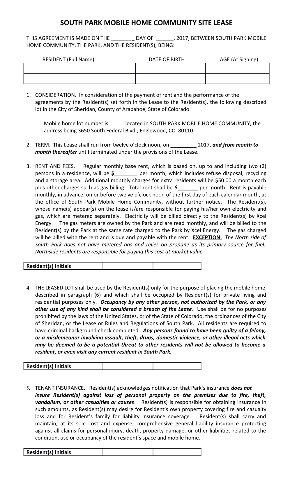 South Park Mobile Home Community Site Lease