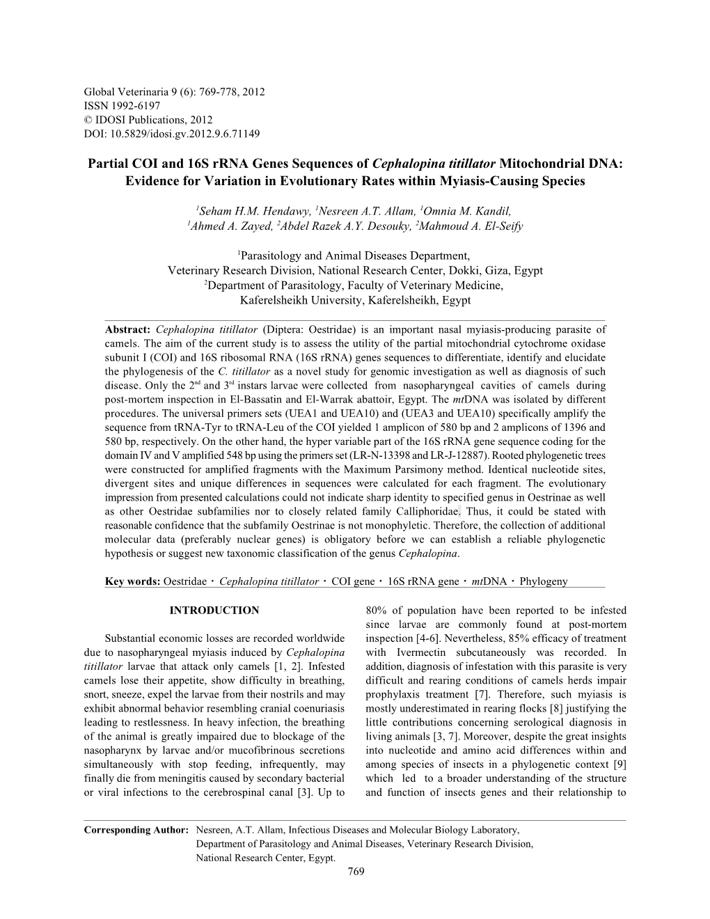 Partial COI and 16S Rrna Genes Sequences of Cephalopina Titillator Mitochondrial DNA: Evidence for Variation in Evolutionary Rates Within Myiasis-Causing Species