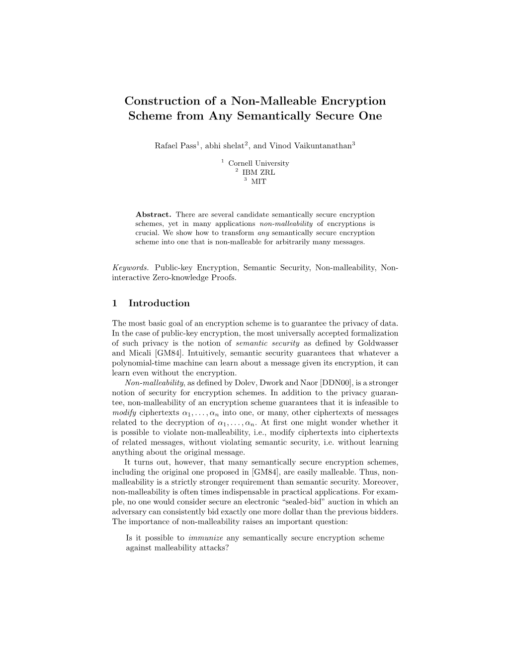 Construction of a Non-Malleable Encryption Scheme from Any Semantically Secure One