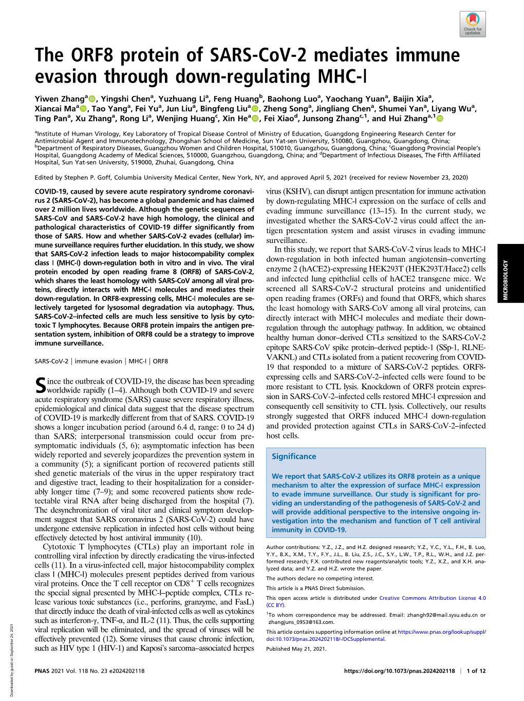 The ORF8 Protein of SARS-Cov-2 Mediates Immune Evasion Through Down-Regulating MHC-Ι