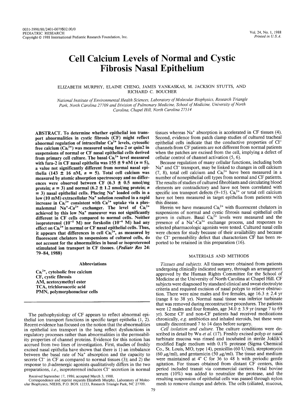 Cell Calcium Levels of Normal and Cystic Fibrosis Nasal Epithelium