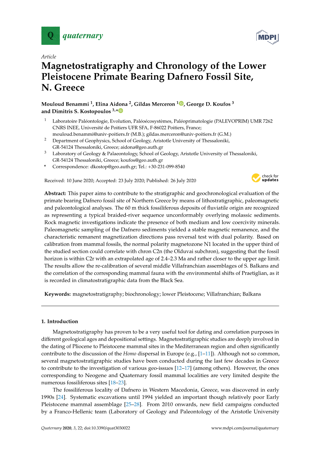 Magnetostratigraphy and Chronology of the Lower Pleistocene Primate Bearing Dafnero Fossil Site, N. Greece