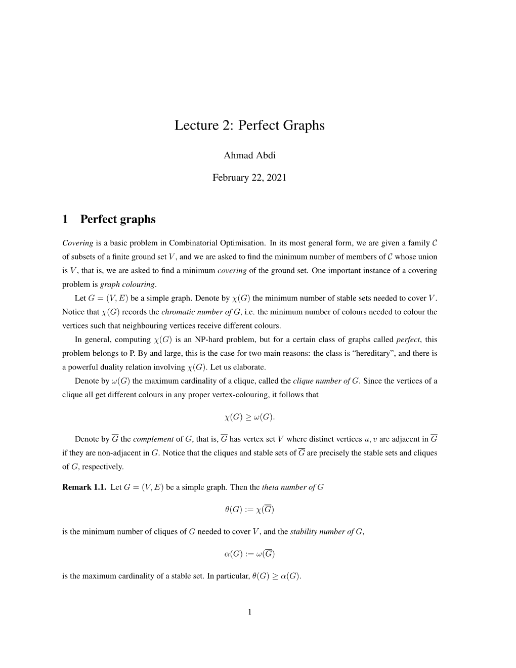 Lecture 2: Perfect Graphs