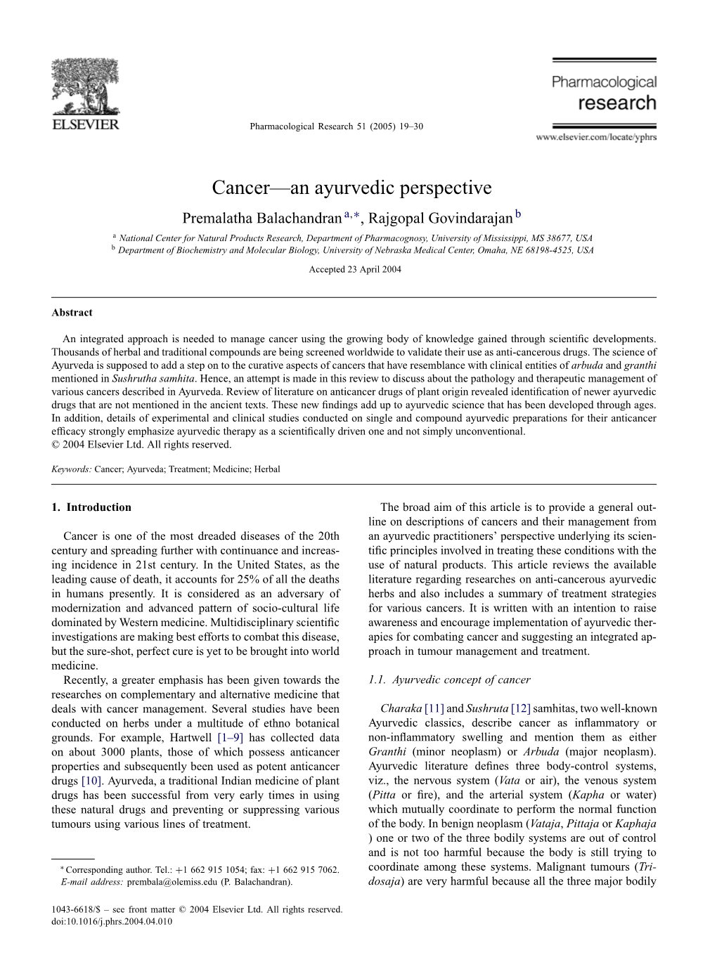 Cancer—An Ayurvedic Perspective