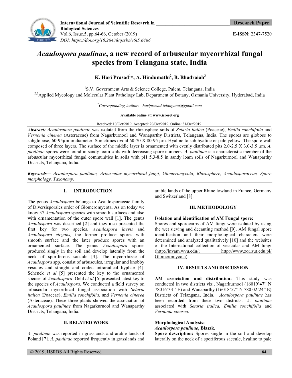 Acaulospora Paulinae, a New Record of Arbuscular Mycorrhizal Fungal Species from Telangana State, India