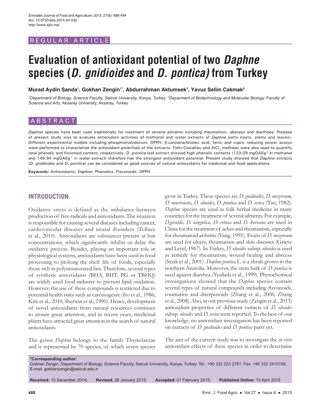 Evaluation of Antioxidant Potential of Two Daphne Species (D. Gnidioides and D