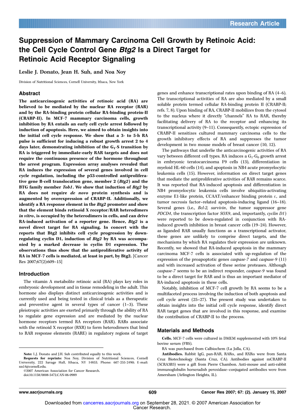 Suppression of Mammary Carcinoma Cell Growth by Retinoic Acid: the Cell Cycle Control Gene Btg2 Is a Direct Target for Retinoic Acid Receptor Signaling Leslie J