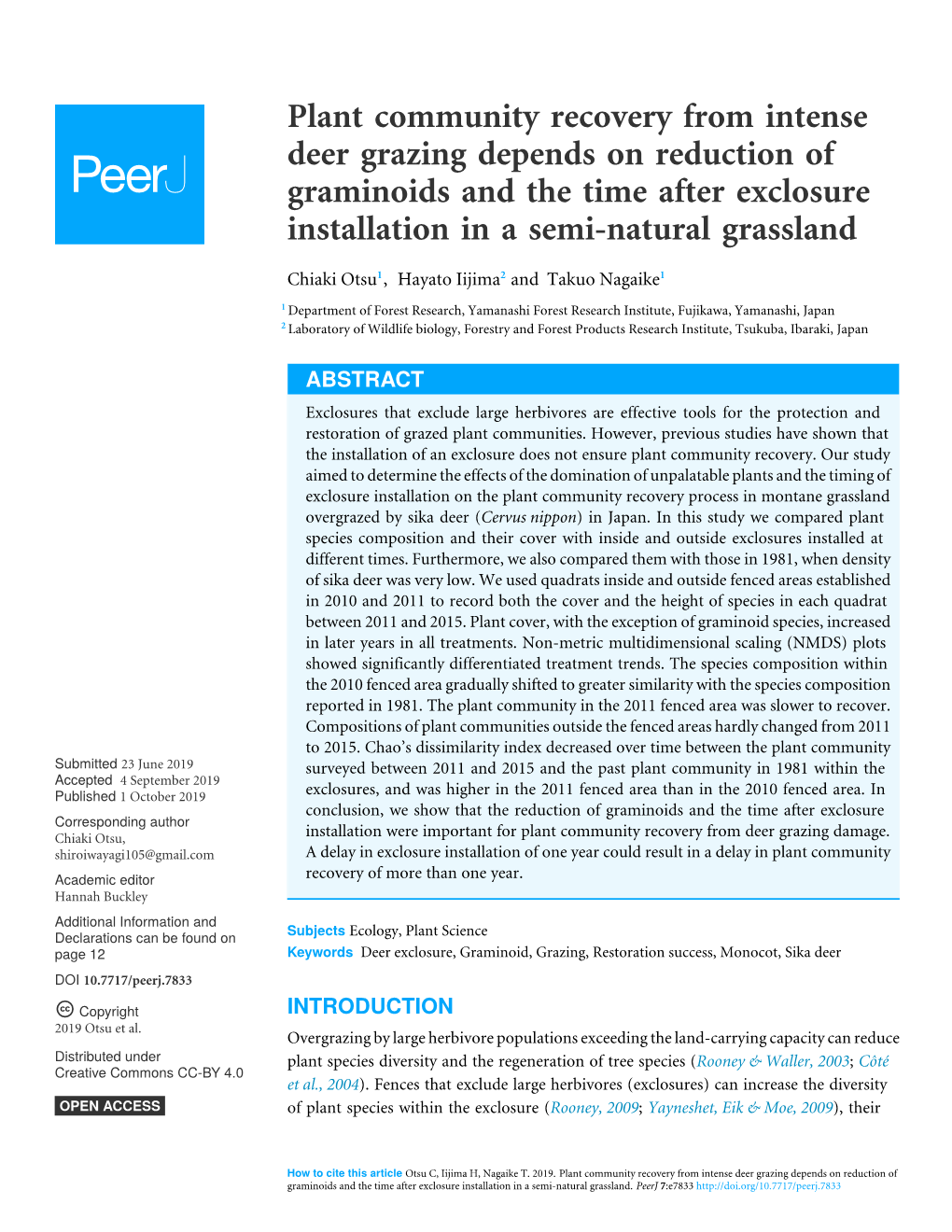 Plant Community Recovery from Intense Deer Grazing Depends on Reduction of Graminoids and the Time After Exclosure Installation in a Semi-Natural Grassland