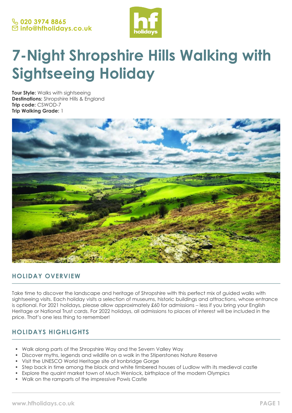 7-Night Shropshire Hills Walking with Sightseeing Holiday