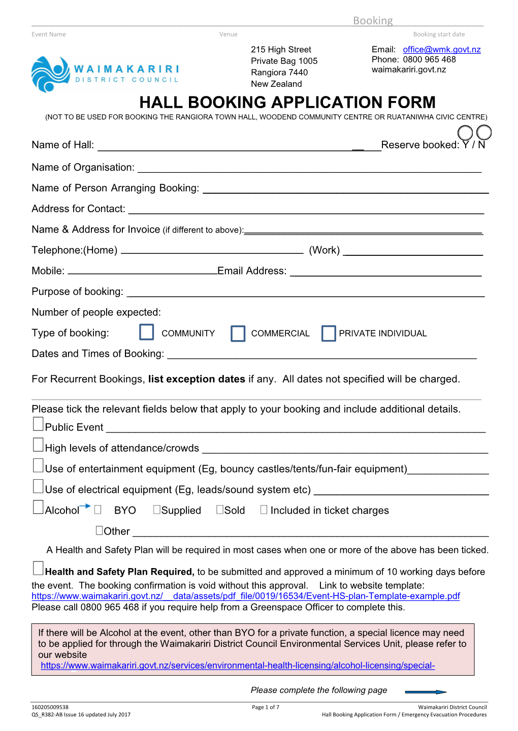 QS-R382-AB Hall Booking Application Form