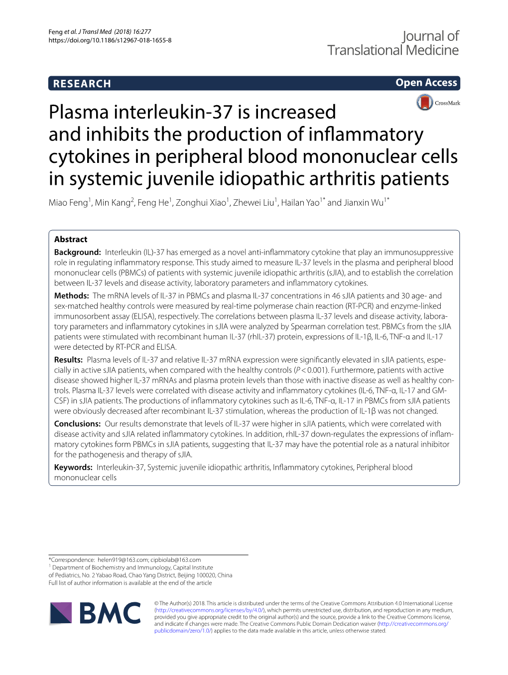 Plasma Interleukin-37 Is Increased and Inhibits the Production Of