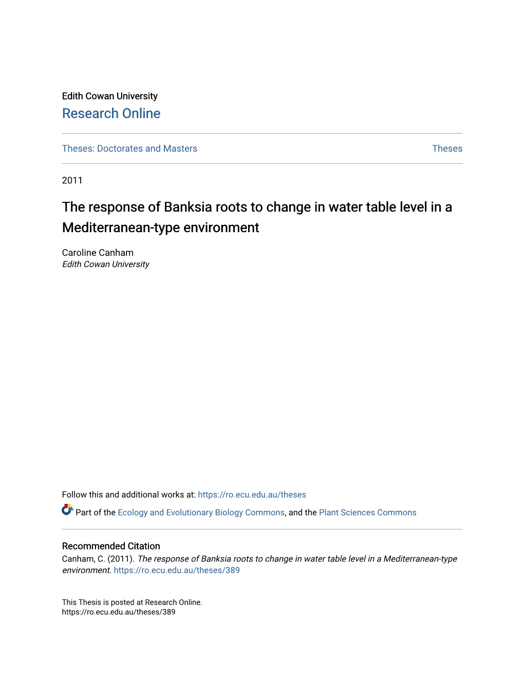 The Response of Banksia Roots to Change in Water Table Level in a Mediterranean-Type Environment