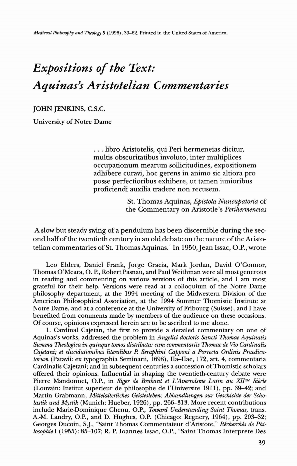 Aqainas's Aristotelian Commentaries