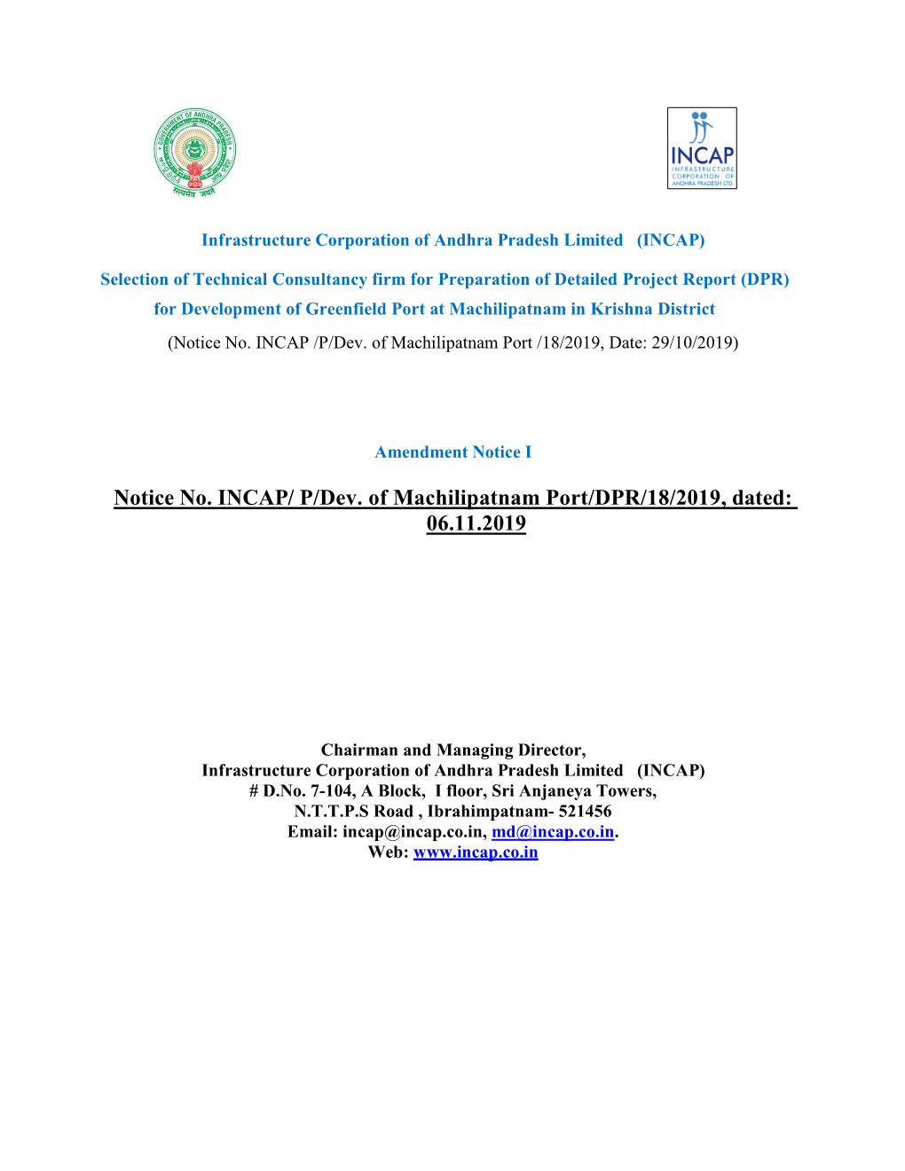 P/Dev. of Machilipatnam Port/DPR/18/2019, Dated: 06.11.2019