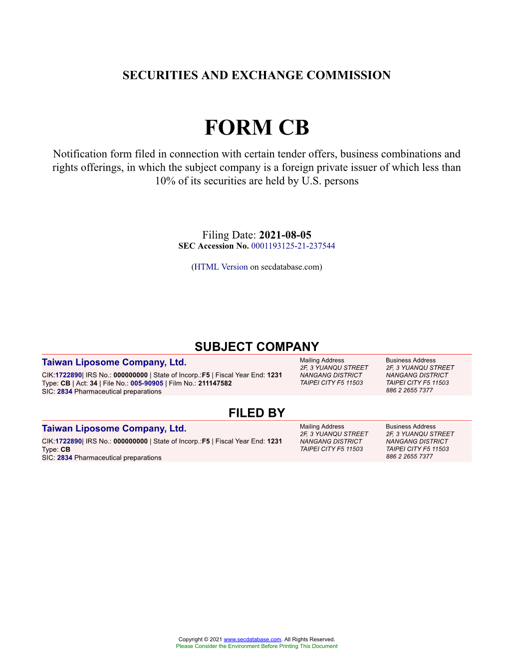 Taiwan Liposome Company, Ltd. Form CB Filed 2021-08-05