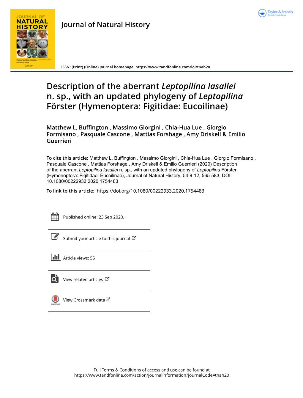 Description of the Aberrant Leptopilina Lasallei N. Sp., with an Updated Phylogeny of Leptopilina Förster (Hymenoptera: Figitidae: Eucoilinae)