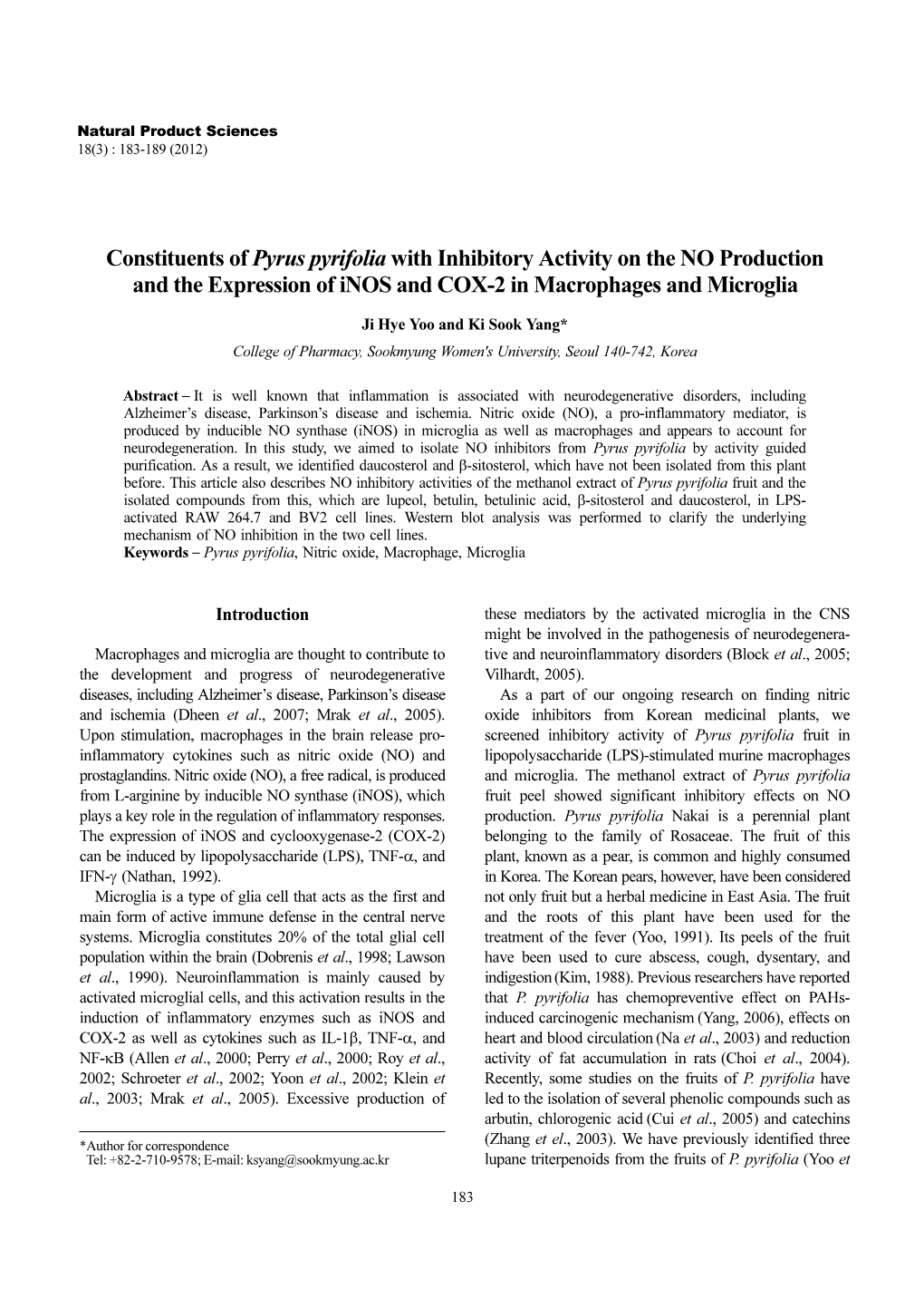 Constituents of Pyrus Pyrifolia with Inhibitory Activity on the NO Production and the Expression of Inos and COX-2 in Macrophages and Microglia