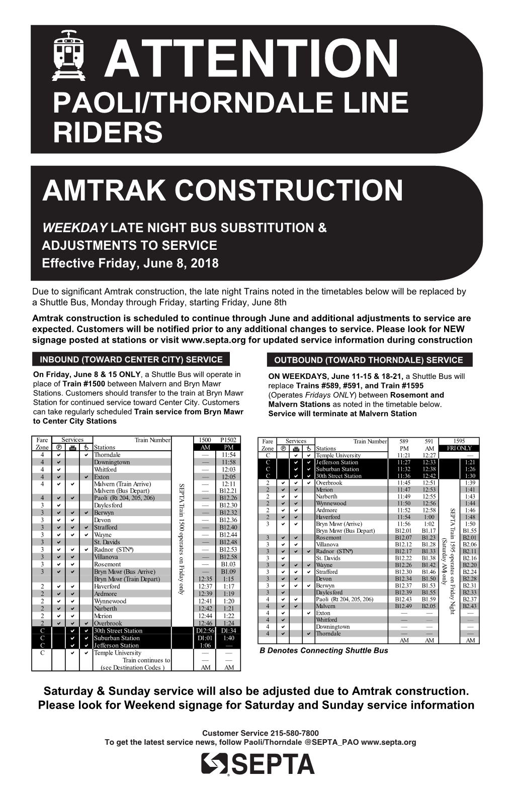 AMTRAK CONSTRUCTION WEEKDAY LATE NIGHT BUS SUBSTITUTION & ADJUSTMENTS to SERVICE Effective Friday, June 8, 2018