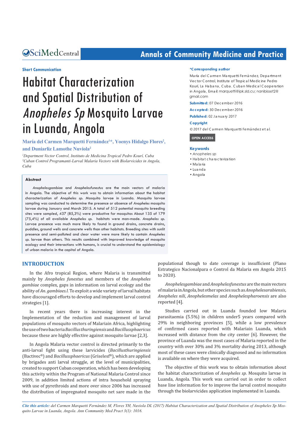 Habitat Characterization and Spatial Distribution of Anopheles Sp Mosquito Larvae in Luanda, Angola