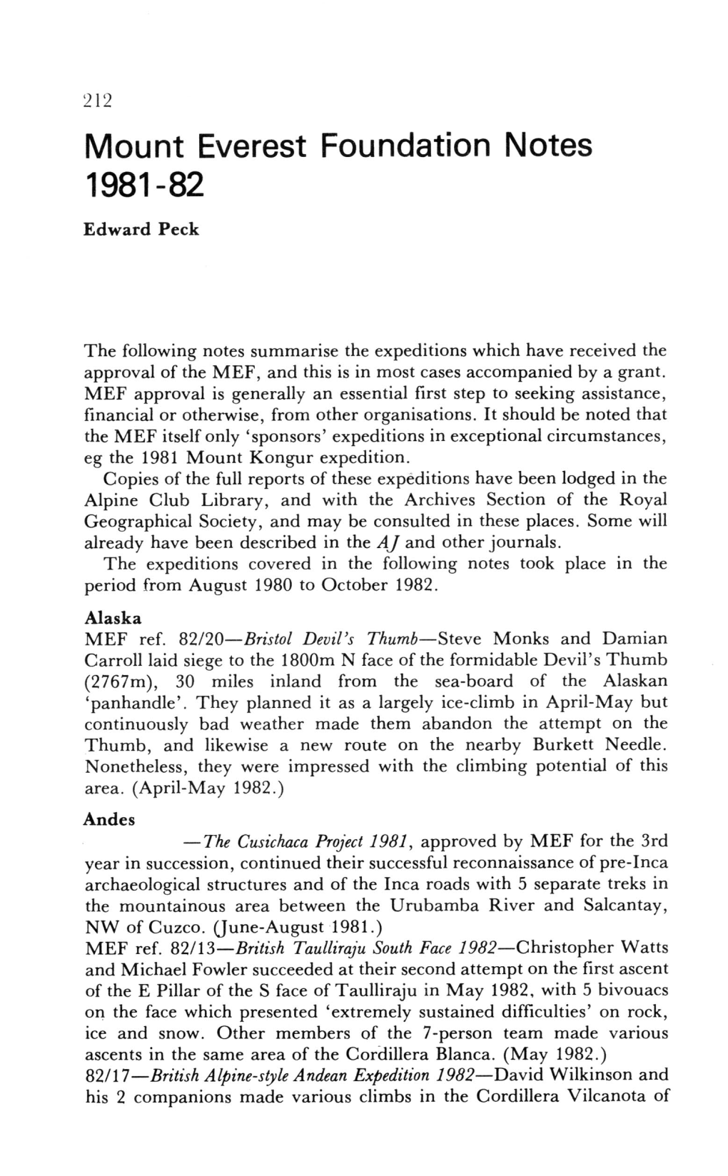 Mount Everest Foundation Notes 1981-82 Edward Peck