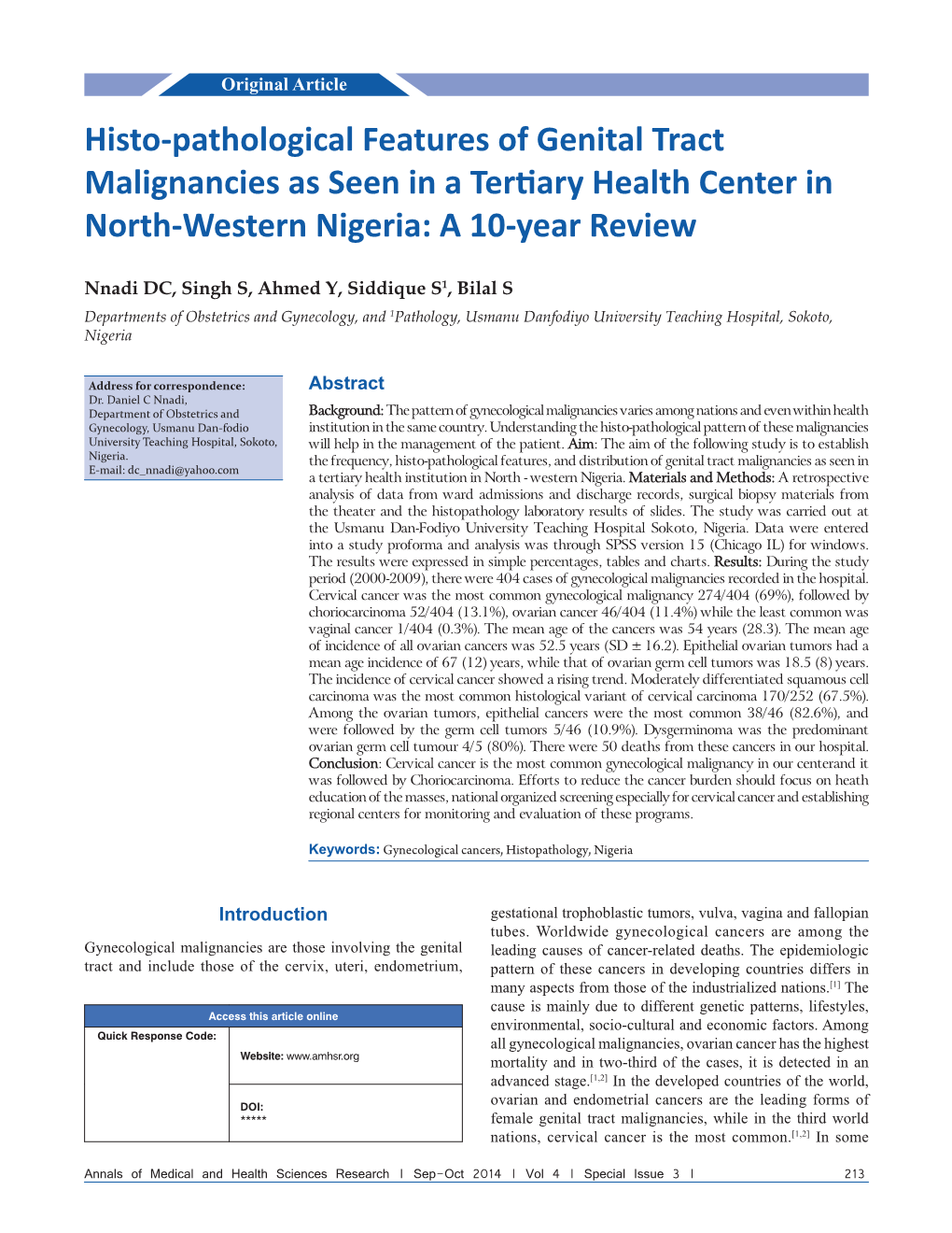 Histo‑Pathological Features of Genital Tract Malignancies As Seen in a Tertiary Health Center in North‑Western Nigeria: a 10‑Year Review