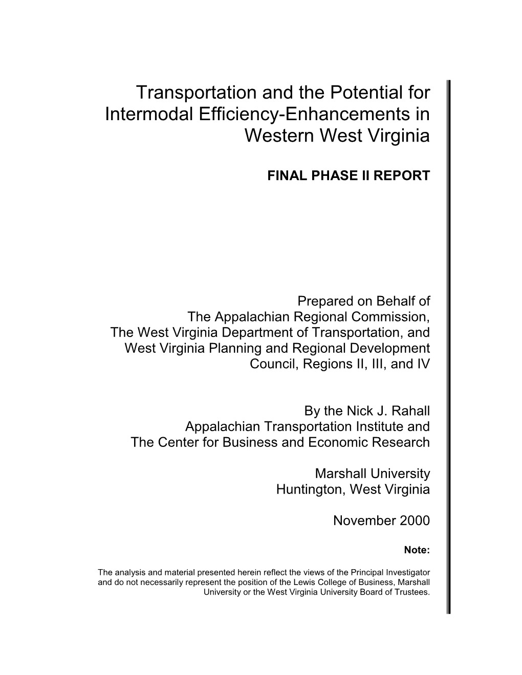 Transportation and the Potential for Intermodal Efficiency-Enhancements in Western West Virginia