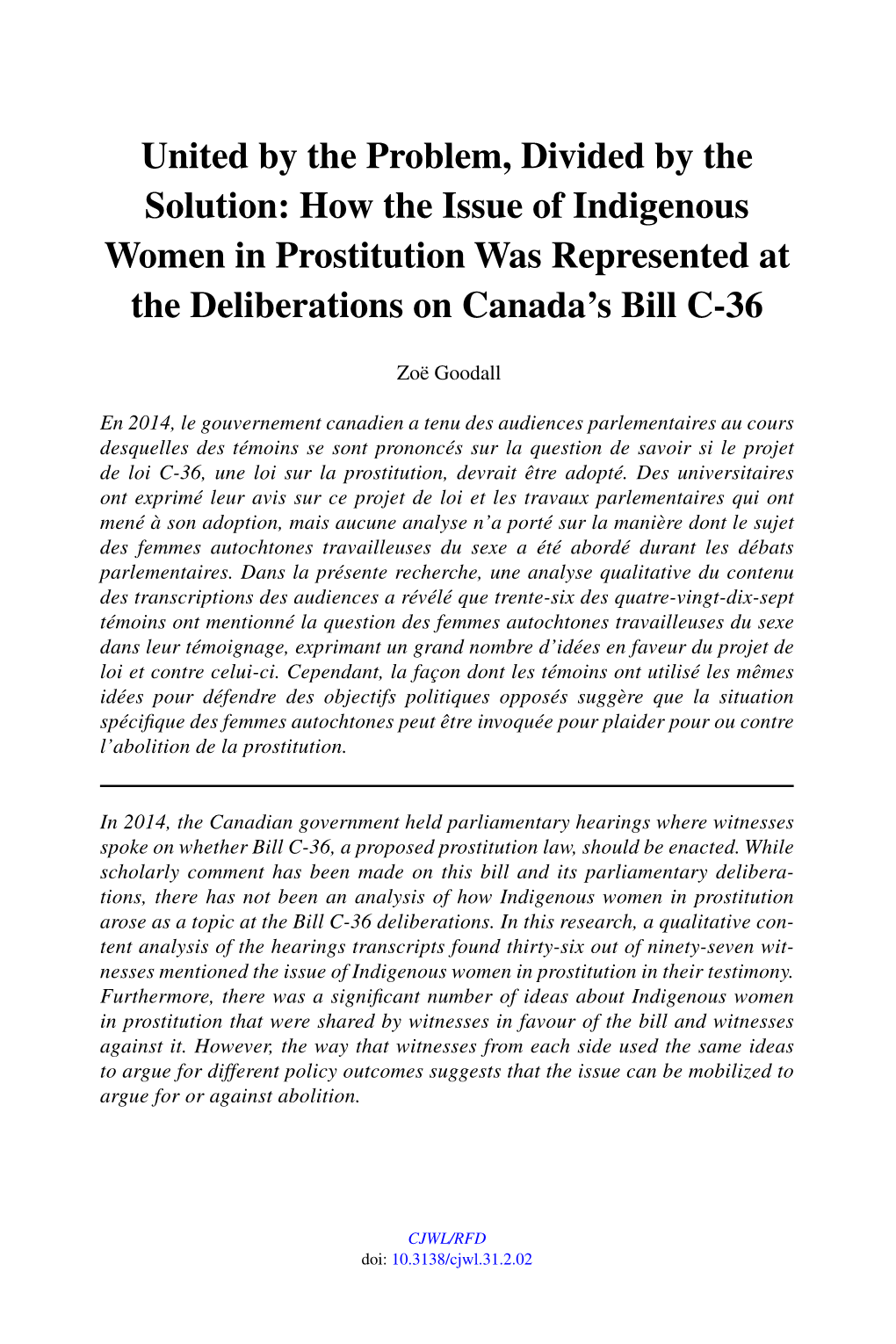 How the Issue of Indigenous Women in Prostitution Was Represented at the Deliberations on Canada’S Bill C-36