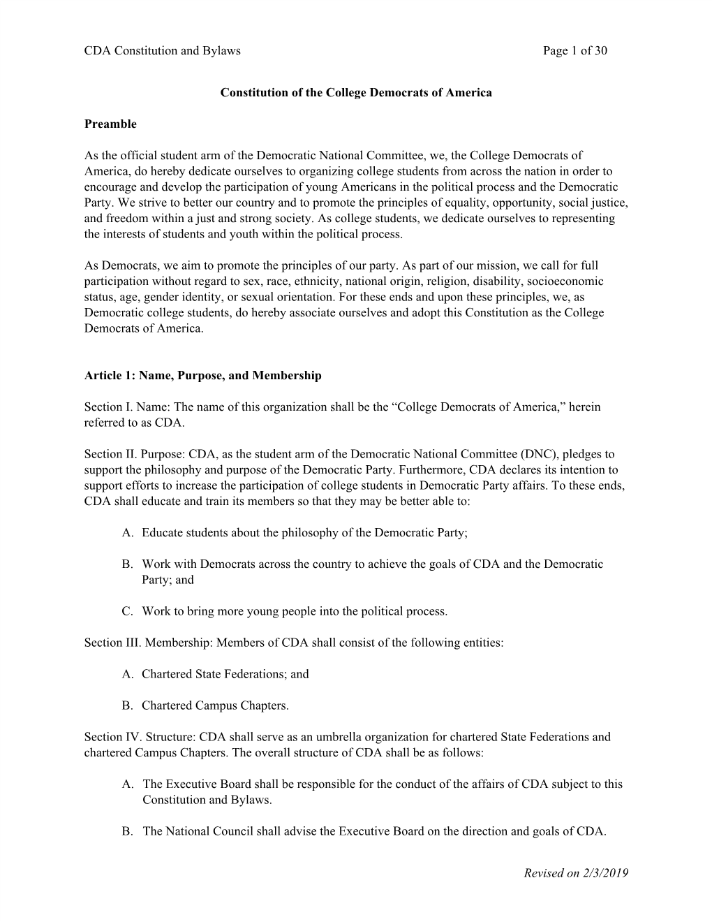 CDA Constitution and Bylaws Page 1 of 30