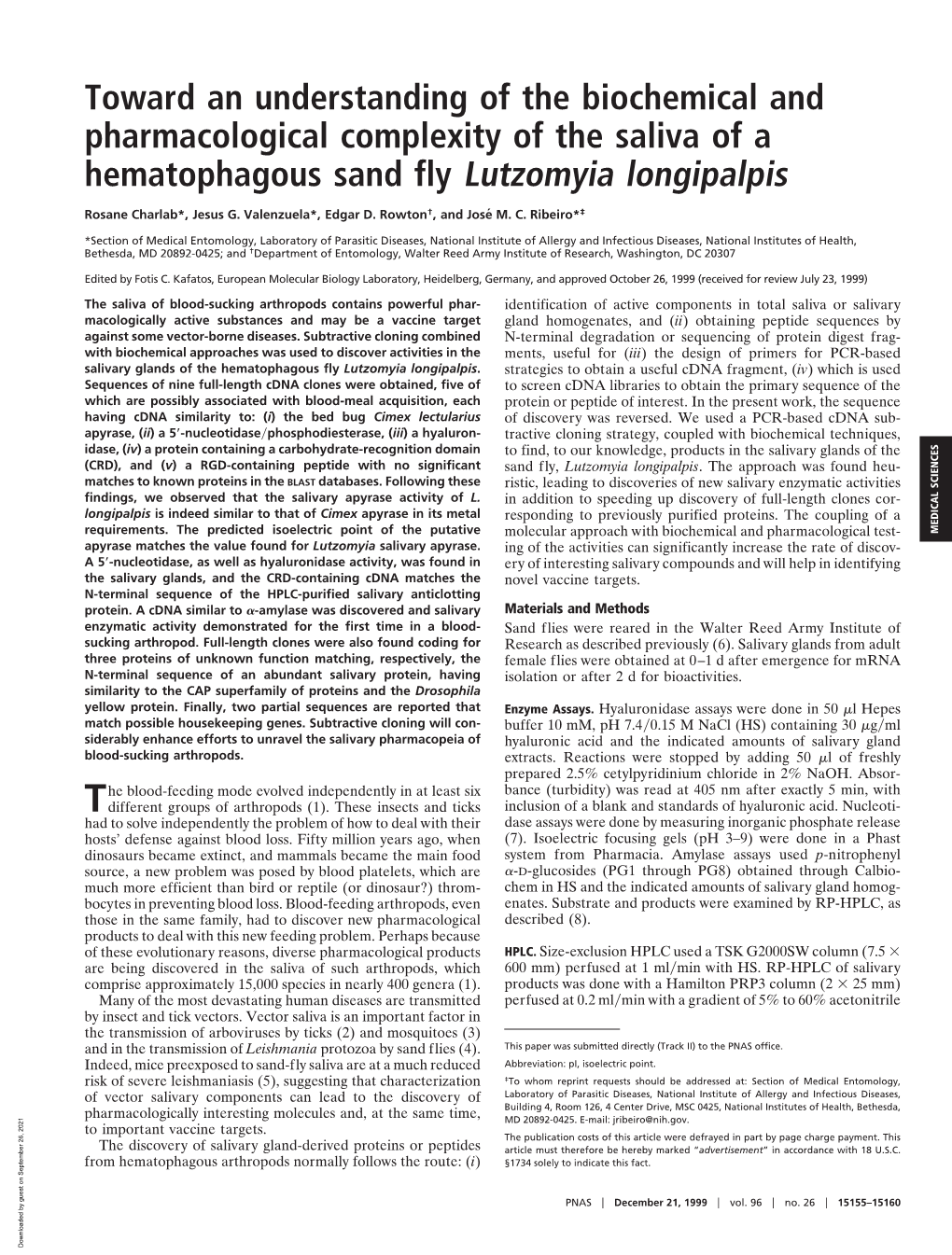 Toward an Understanding of the Biochemical and Pharmacological Complexity of the Saliva of a Hematophagous Sand Fly Lutzomyia Longipalpis