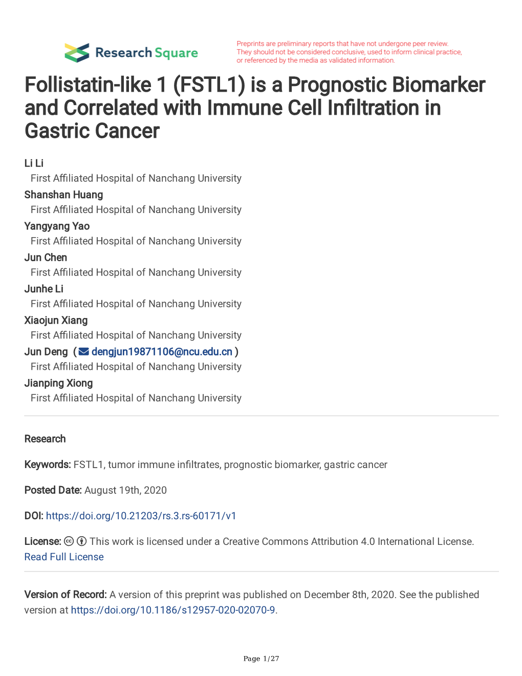 Follistatin-Like 1 (FSTL1) Is a Prognostic Biomarker and Correlated with Immune Cell Infltration in Gastric Cancer