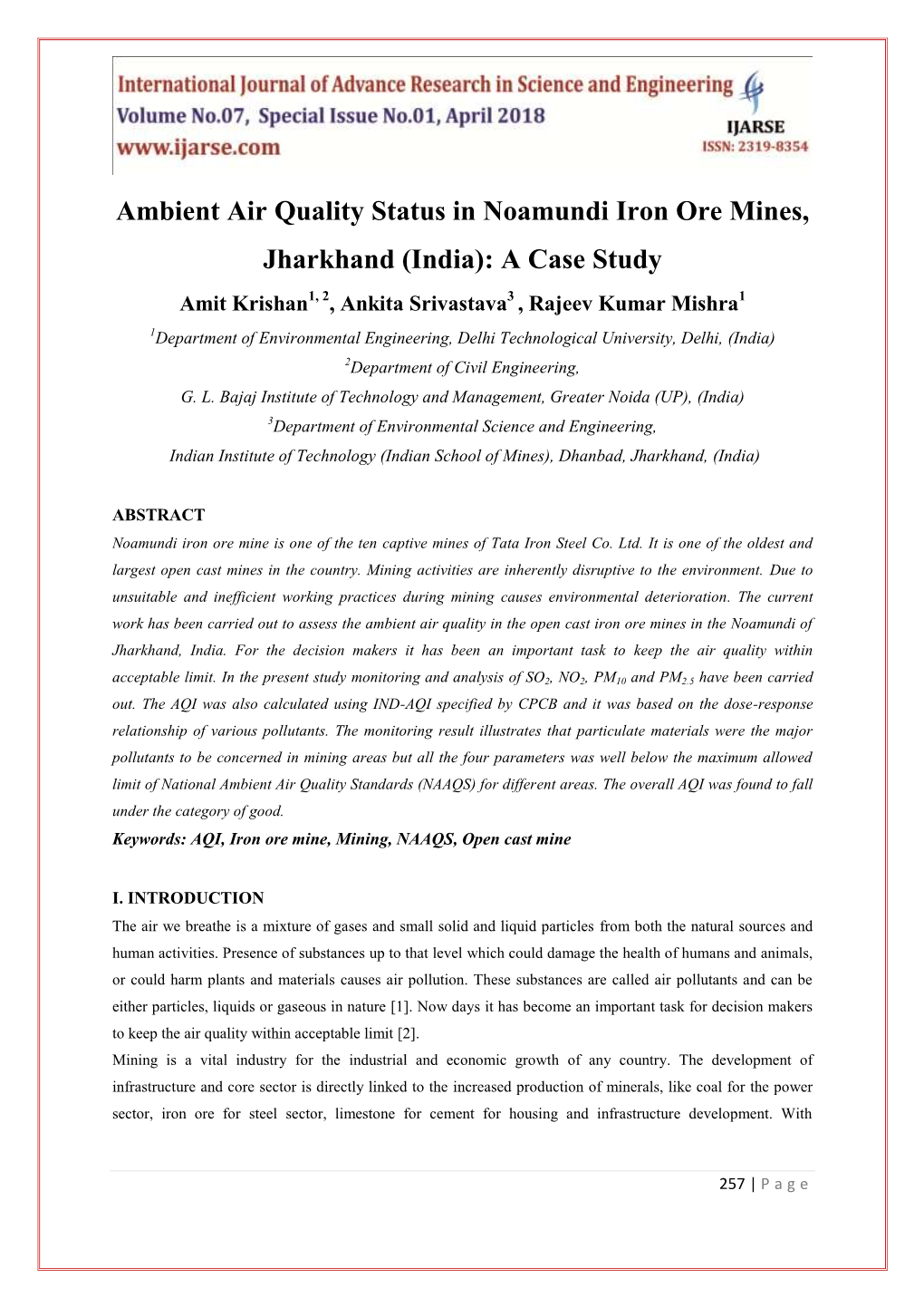 Ambient Air Quality Status in Noamundi Iron Ore Mines