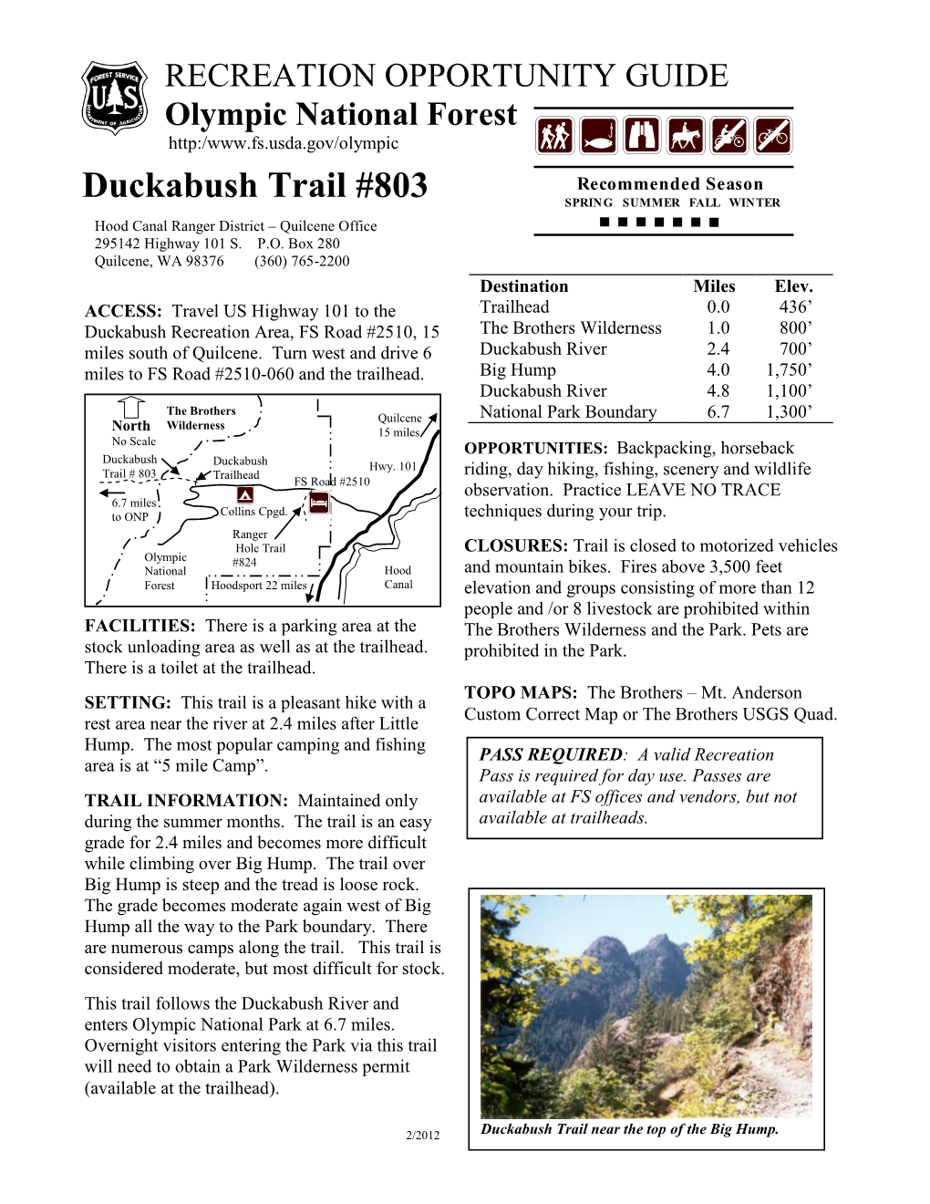 Duckabush Trail #803 SPRING SUMMER FALL WINTER Hood Canal Ranger District – Quilcene Office 295142 Highway 101 S