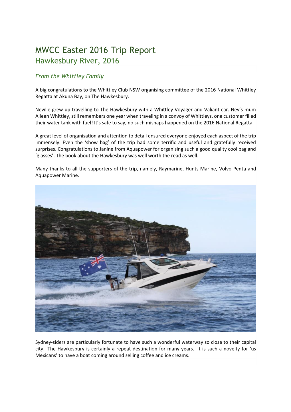 MWCC Easter 2016 Trip Report Hawkesbury River, 2016