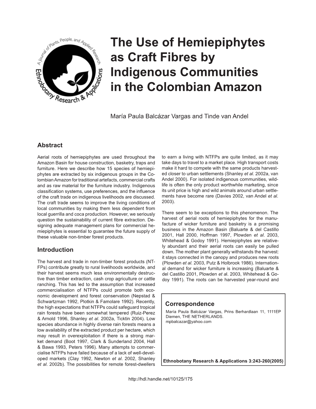 The Use of Hemiepiphytes As Craft Fibres by Indigenous Communities in the Colombian Amazon