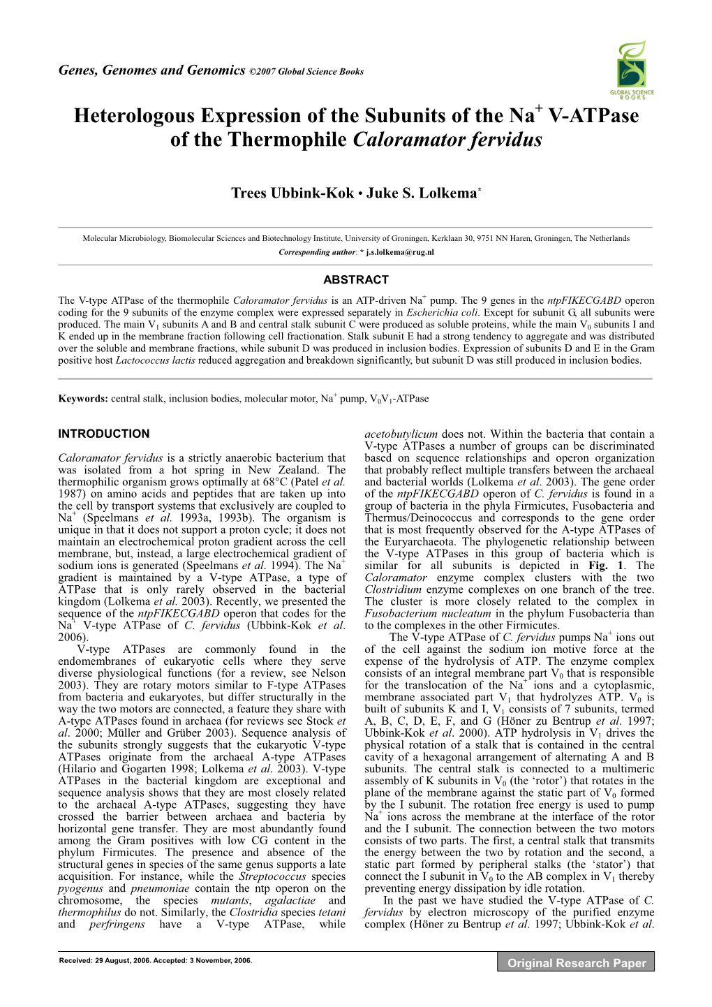 Heterologous Expression of the Subunits of the Na V-Atpase of The