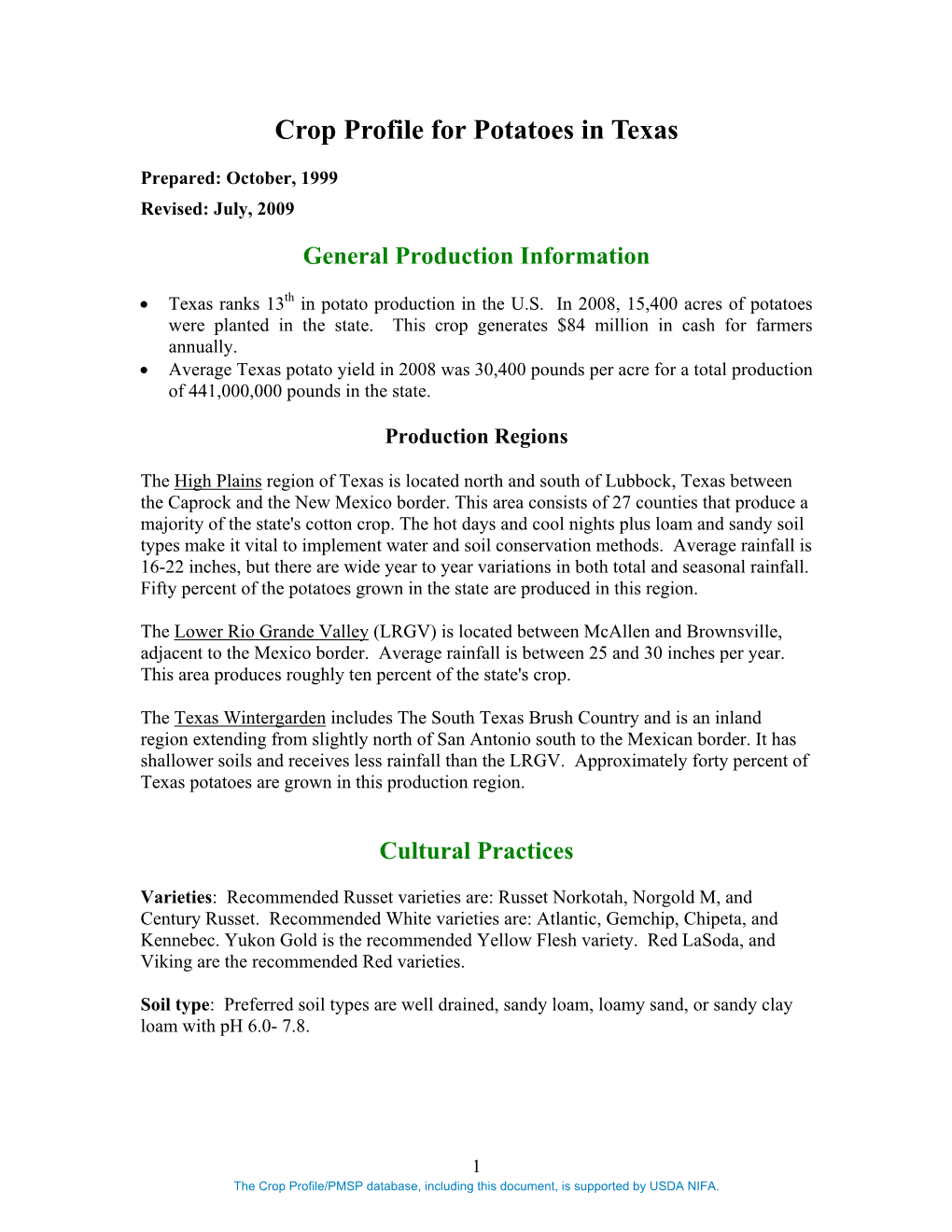 Crop Profile for Potatoes in Texas