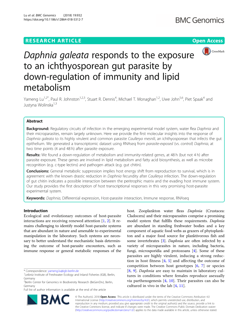 Daphnia Galeata Responds to the Exposure to an Ichthyosporean Gut Parasite by Down-Regulation of Immunity and Lipid Metabolism Yameng Lu1,2*, Paul R