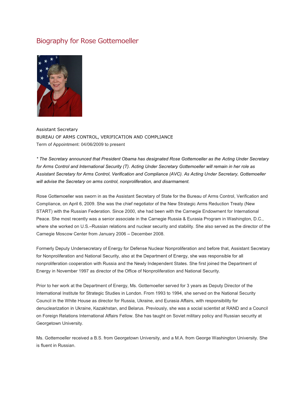 Biography for Rose Gottemoeller