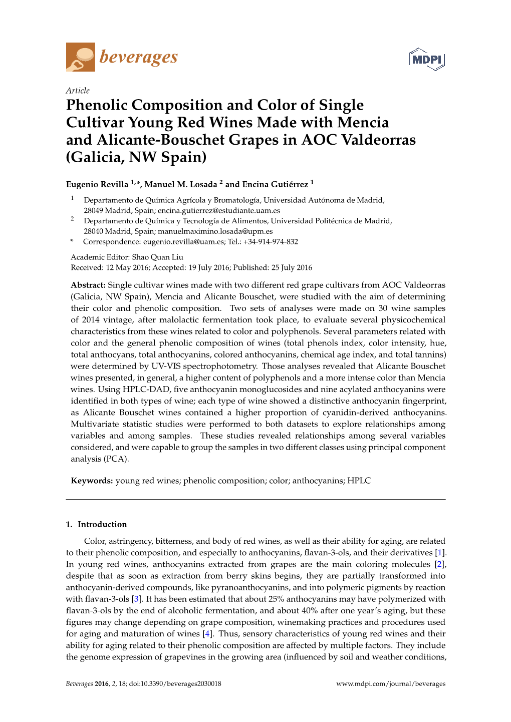Phenolic Composition and Color of Single Cultivar Young Red Wines Made with Mencia and Alicante-Bouschet Grapes in AOC Valdeorras (Galicia, NW Spain)