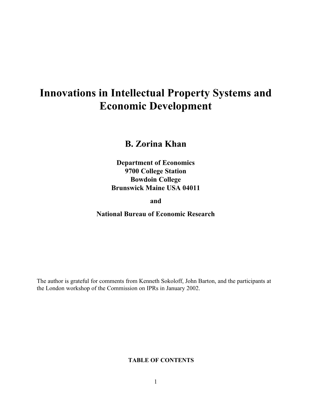 Innovations in Intellectual Property Systems and Economic Development