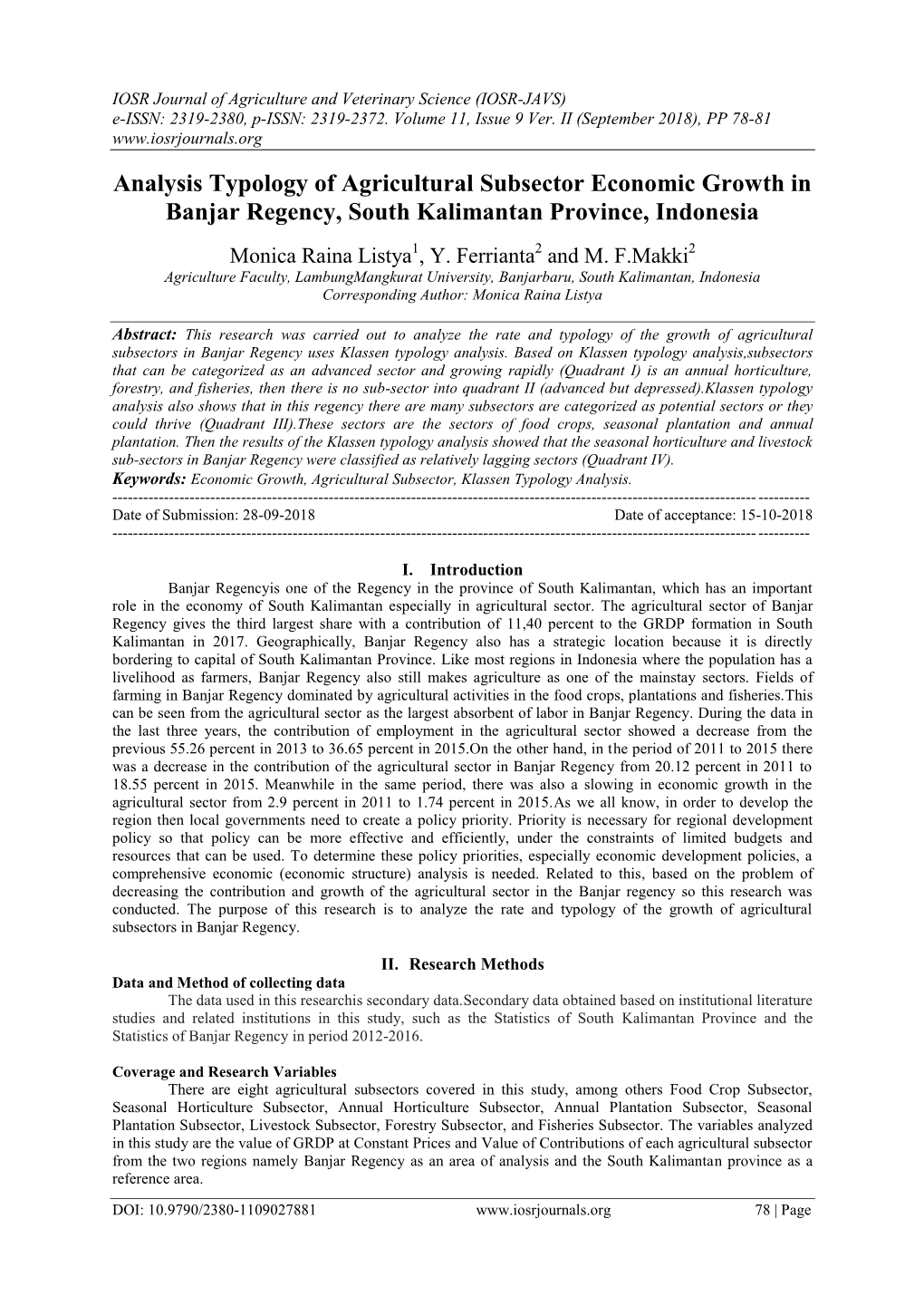 Analysis Typology of Agricultural Subsector Economic Growth in Banjar Regency, South Kalimantan Province, Indonesia