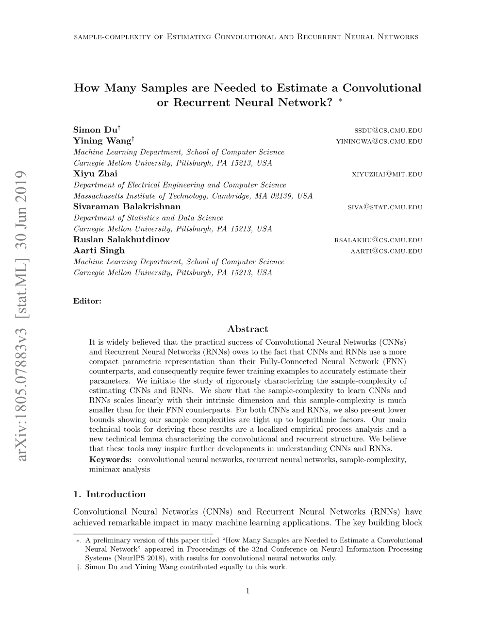 Arxiv:1805.07883V3 [Stat.ML] 30 Jun 2019 Keywords: Convolutional Neural Networks, Recurrent Neural Networks, Sample-Complexity, Minimax Analysis