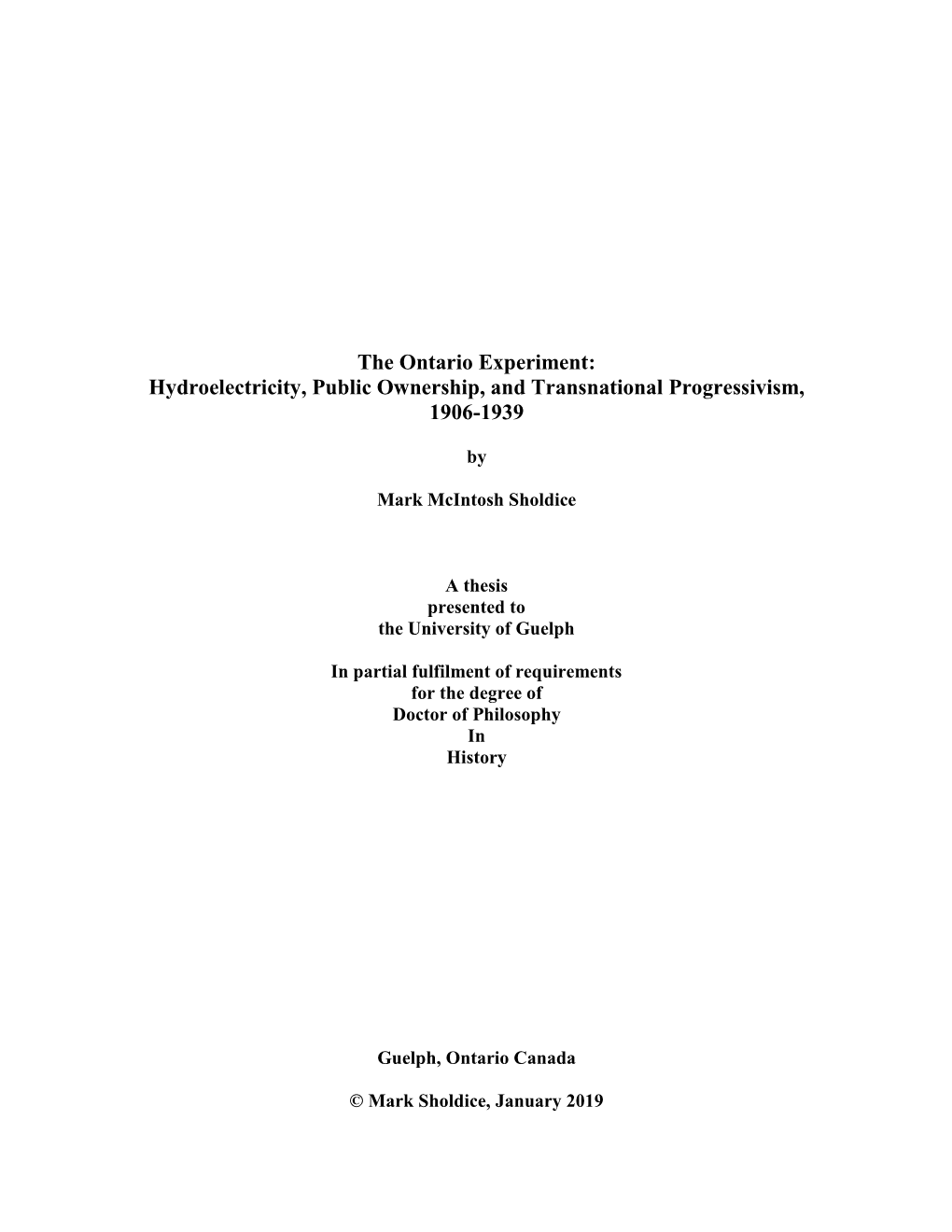 The Ontario Experiment: Hydroelectricity, Public Ownership, and Transnational Progressivism, 1906-1939