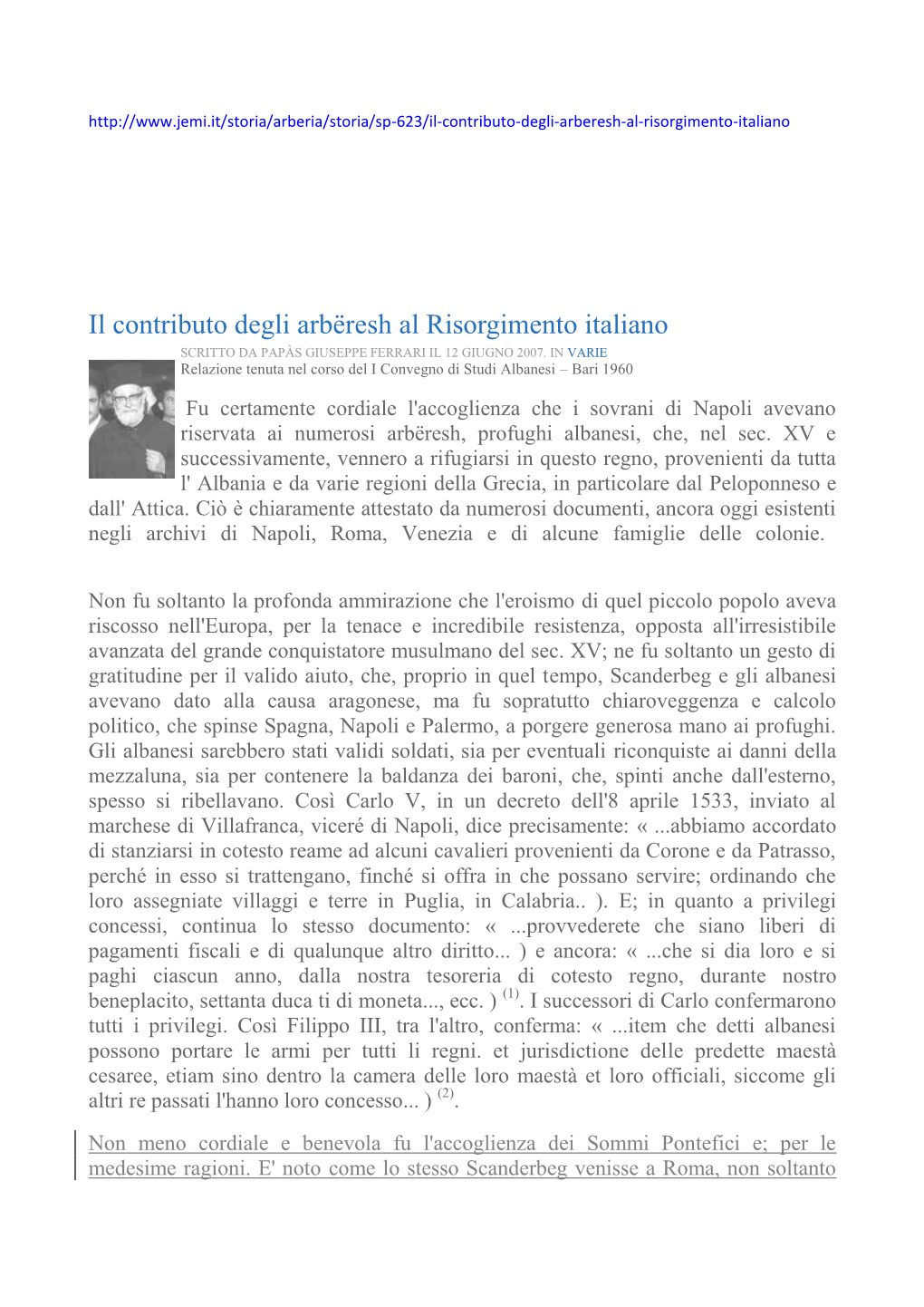 Il Contributo Degli Arbëresh Al Risorgimento Italiano SCRITTO DA PAPÀS GIUSEPPE FERRARI IL 12 GIUGNO 2007