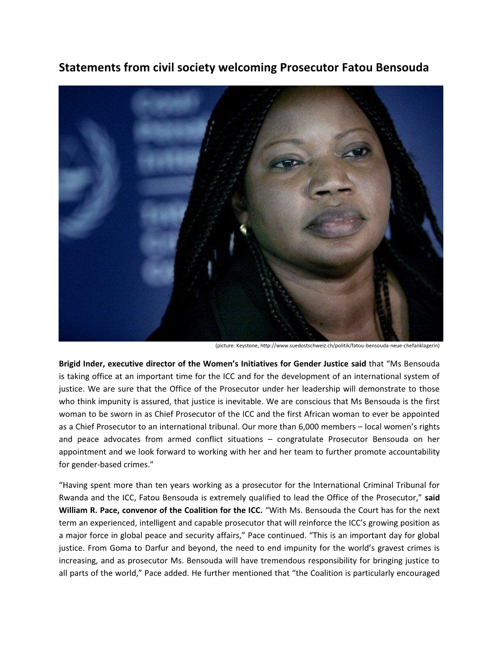 Statements from Civil Society Welcoming Prosecutor Fatou Bensouda