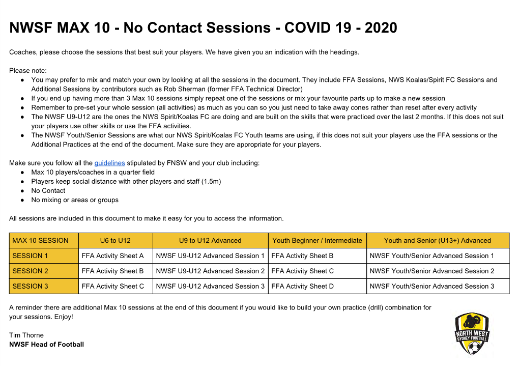 NWSF MAX 10 - No Contact Sessions - COVID 19 - 2020