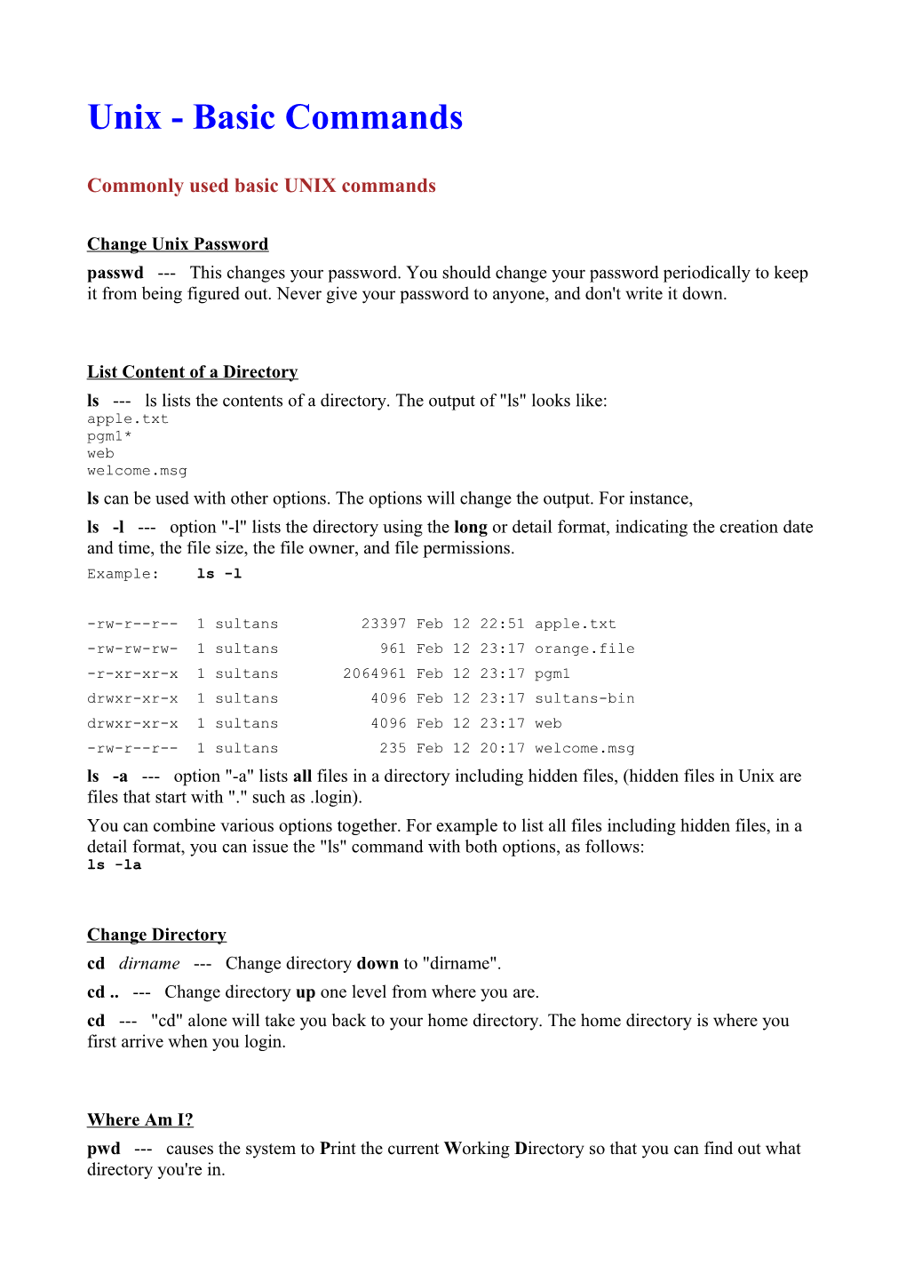 Commonly Used Basic UNIX Commands