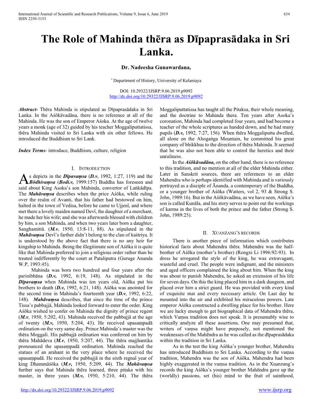 The Role of Mahinda Thēra As Dīpaprasādaka in Sri Lanka